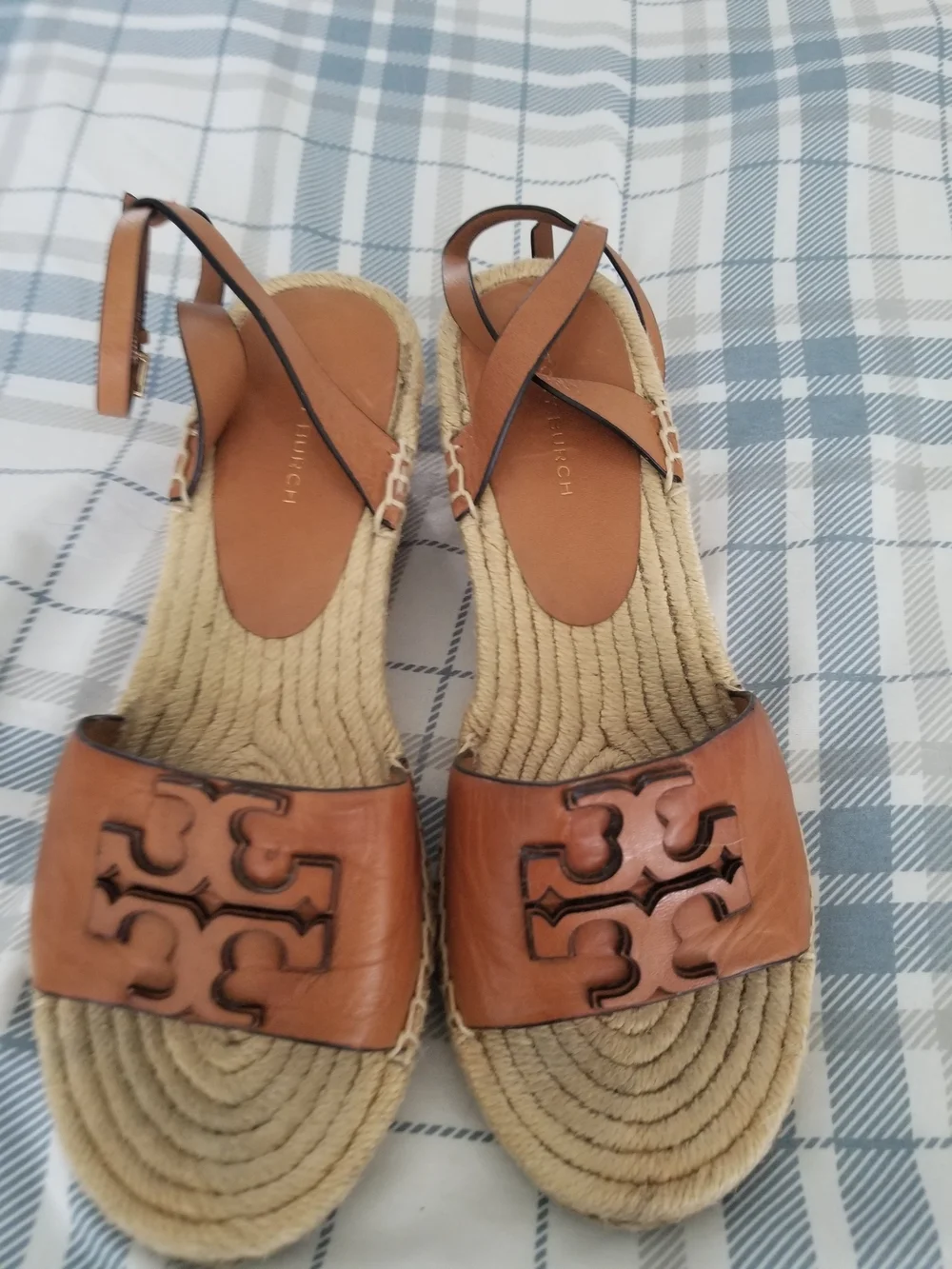 Tory Burch Cognac Leather Logo Espadrille Sandals
